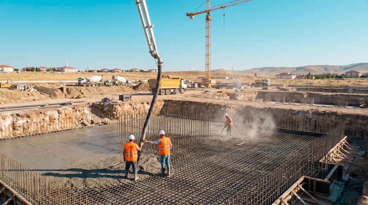 Temel çukurunda radye betonu dökümü